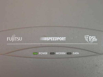 Fujitsu Speedport FC9660RA12 front panel close-up showing Power, Modem, and Data LED indicators and DSL by Orkit branding