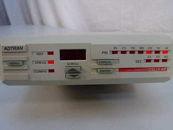 Adtran DSU II AR front panel close-up showing DSU II AR branding, PRI and SEC LED indicator rows labeled RS CS TD RD CD TR SR and CS TD RD, MENU SCROLL CONFIG TEST STATUS controls
