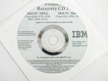 IBM Product Recovery CD 2 (P/N 19K6415) disc label showing compatible machine types and March 2000 date