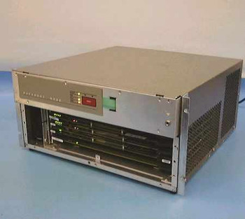 AT&T LCS200 Backbone Link Node 406851592 – three-quarter front/right view showing chassis, front panel LEDs, and installed boards