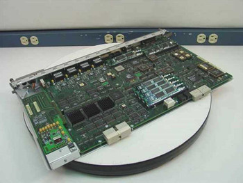 Bay Networks Nortel 5724M ATM Switch MCP Host Module — angled reverse top view showing full underside of PCB with ICs, heatsinks, and memory modules visible