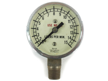 Marsh Instrument Company flow gauge, straight-on front view showing full 0-15 LPM dial scale and Marsh branding