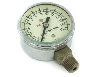 Marsh Instrument Company 0-15 LPM flow gauge, angled front view showing dial face and 1/2" NPT brass fitting