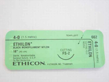 Ethicon 662 Ethilon 4-0 Black Monofilament Nylon Suture sealed green foil packet with FS-2 cutting needle label