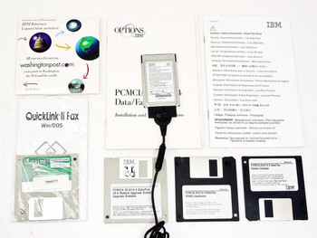 IBM 85H4630 PCMCIA 28.8K Data/Fax Modem complete lot — modem card, phone cable, installation manual, safety sheet, floppy disks, and QuickLink II Fax software