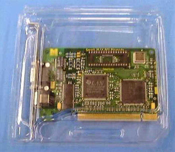 Madge 151-100-04S Smart 16/4 Ringnode PCI Token Ring network card — top view showing Texas Instruments main controller chip and PCI edge connector, card in clear anti-static clamshell tray