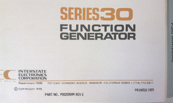 Interstate Electronics Corporation Series 30 Function Generator title page showing Part No. P00335099 Rev E, copyright 1973, printed 1975