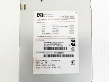 HP D8520-63001 power supply label showing part numbers, input/output specs, and serial number