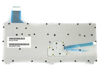 Toshiba P000197540 laptop keyboard rear view – metal backplate with flat flex cable and barcode labels UE0276P09