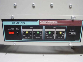 C&D Technologies CEMF Cell front panel with Cell 1 and Cell 2 indicator lights, ADJ and TP test points, and 5-amp fuse holder