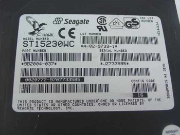 Seagate ST15230WC drive label close-up showing model number, part number 9B2004-037, and lot number A-02-9733-1