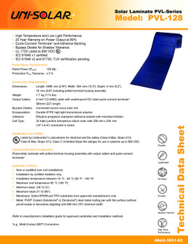 Uni-Solar PVL-128 official technical data sheet showing product specifications, features, and UL listing details