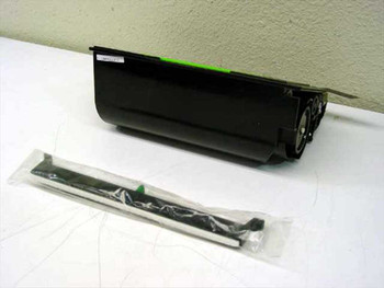 Sharp FO-48ND toner cartridge – side view showing cartridge body with label and sealed developer strip bag alongside