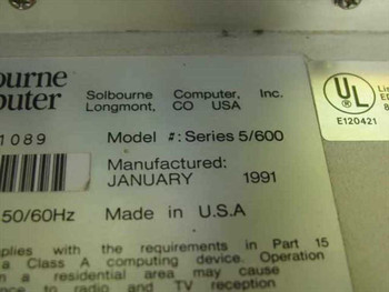 Solbourne Computer Inc. Series 5/600 rating label — manufactured January 1991, Longmont CO USA, UL listed E120421