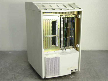 Solbourne Series 5/600 VMEbus SPARC server — three-quarter front-left view showing open VME cage with installed expansion cards and lower power supply compartment