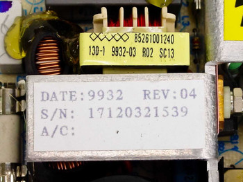 Astec LPT42 close-up of transformer label showing date code 9932, Rev 04, and serial number area