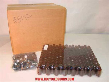 Comar 24-0152 25mL amber glass vial lot — cardboard shipping box labeled #3012 with shrink-wrapped tray of 150 vials and bagged caps alongside