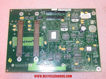 Exabyte 785400-A03 backplane PCB top side showing large central controller IC, dual edge connectors, and populated component array — front view