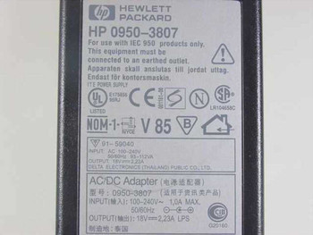 HP 0950-3807 rating label showing 18V 2.23A output, 100-240V input, Delta Electronics manufacture