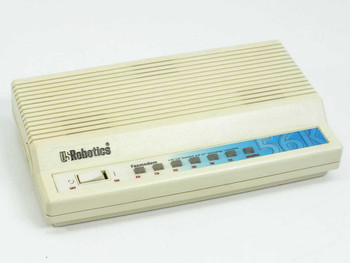 US Robotics Sportster 568602 56K External Faxmodem — top/front view showing U-Robotics logo and 56K label with LED indicators