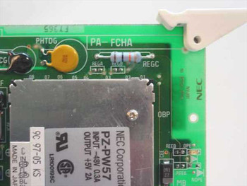 NEC PA-FCHA board close-up showing PA-FCHA label, NEC PZ-PW57 power module with -48V input / +5V output rating plate, and NEC Japan markings