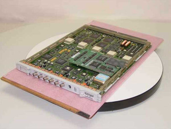 Nortel NTFP18IA DS3A FP Interface Card for Passport 6480 — angled top view showing PCB components and front faceplate with BNC connectors