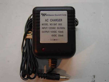Williams Sound BAT 005 AC Charger front view showing label with model number, 120VAC input, and dual output specs 10VDC 10mA and 6VDC 35mA