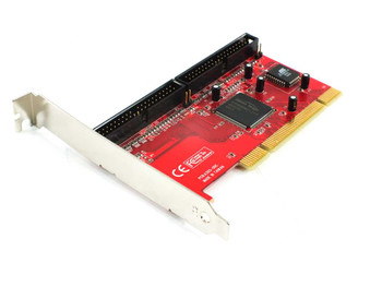 Adaptec ASH-1233 red PCB with dual 40-pin IDE connectors and full-height bracket — angled front view
