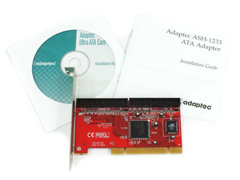 Adaptec ASH-1233 Ultra ATA-133 PCI controller card with installation disc and installation guide — full kit view