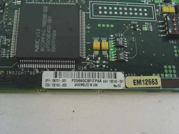 Compaq 158731-001 Remote Insight PCI Card – close-up of label showing SPQ 158731-001, AS 152142-001, DGH 152143-000, Rev DC, Assembled in USA, and NEC chip markings