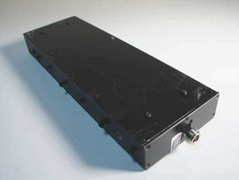 Wireless Technologies W442F RF Bandpass Filter – bottom angled view showing underside and SMA connector port on right end