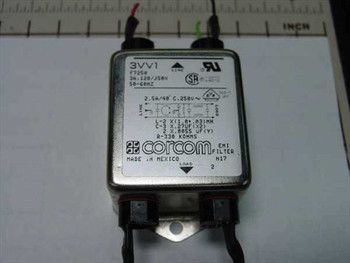 Corcom 3VV1 F7250 EMI line filter front label view showing model, voltage, and component ratings