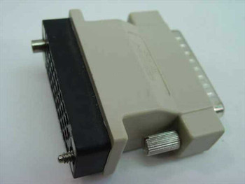 Racal 27C522-02 DSU CSU modem adapter – angled side view showing DB25 male connector and 34-pin female IDC connector housing