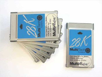 MultiTech MT2834LT MultiModem LT PCMCIA 28.8K modem cards — front view showing multiple units fanned out with blue label and 28K branding