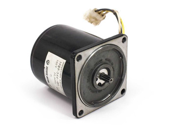 Oriental Motor 1989-344-Q1 induction motor – front three-quarter view showing label, gear shaft, and lead wire connector