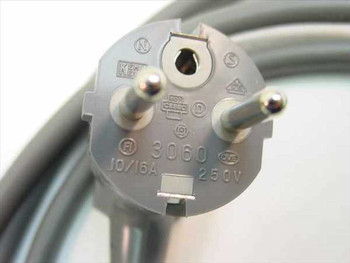 Close-up of Schuko plug end showing model 3060 marking, 10/16A 250V rating, and OVE CEBEC certification marks