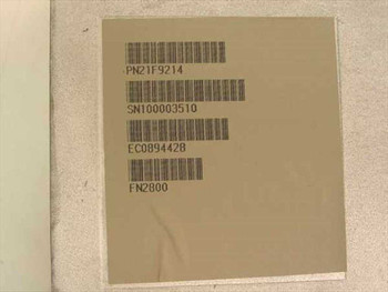 IBM 21F9214 label closeup showing part number PN21F9214, serial number SN100003510, EC0B9442B, and FN2800