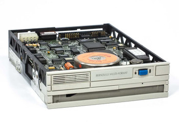 Iomega Beta 150A Bernoulli Multi-Format removable disk drive – angled front view showing drive bay and open top with PCB exposed