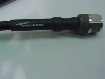 Andrew BR-400 cable close-up of connector end showing Andrew brand marking on black jacket and N-male connector