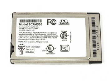 3Com Megahertz 3CXM356 PC Card — rear label showing FCC certification, regulatory markings, and part number S98-2424-0