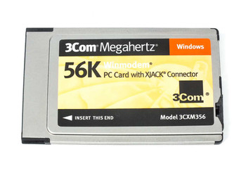 3Com Megahertz 3CXM356 56K WinModem PCMCIA PC Card — front label view showing model number and Xjack branding