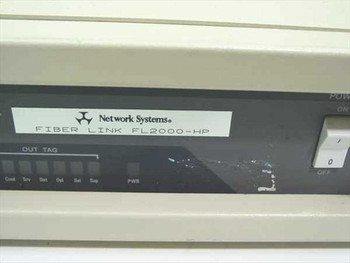 Network Systems FL2000-HP/HB front panel close-up showing OUT TAG LED status indicators, PWR indicator, and power switch with ON/OFF positions