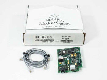 Kronos 8601183-001 14.4Kbps Modem Card shown with original Kronos box, included cable, and modem PCB