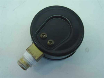 USG P500 pressure gauge rear view showing black steel case back with two screws and brass NPT bottom connection