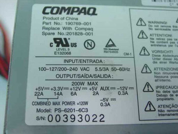 Compaq PS-6201-6C3 power supply label showing part number 201828-001, input/output specs, and serial number