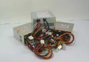 Three L&C Technology LC-250C 250W AT switching power supplies shown from the front, with multicolored wiring harnesses extended