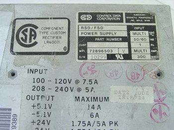 Control Data Corporation 72896503 power supply rating plate label — showing input 100-120V 7.5A / 208-240V 5A, outputs +5.1V 14A, -5.1V 6A, +24V, CSA certification, and part number