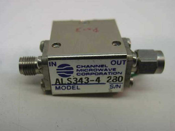 Channel Microwave Corporation ALS343-4 Coaxial Isolator – front label view showing model number, IN/OUT ports, and S/N 280
