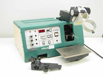 HyBond 512-10-41 Manual Ball Bonder full front-left view showing green cabinet, front panel controls, Nikon optics mount assembly, bonding stage, and work table with mouse assembly in foreground