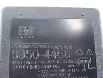 HP 0950-4466 label showing 32V 940mA / 16V 625mA output and 100-240V input specs